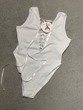 White Lace-Up Bodysuit Tank Top